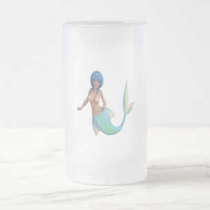 Mermaid with turquoise hair and tail frosted glass beer mug