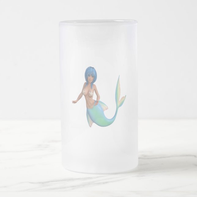 Mermaid with turquoise hair and tail frosted glass beer mug (Center)