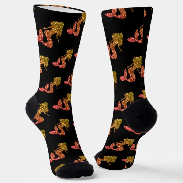 Mermaid yellow red ombre Sparkles pattern black Socks (Angled)