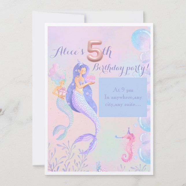Mermaids 5th birthday party invitation (Front)
