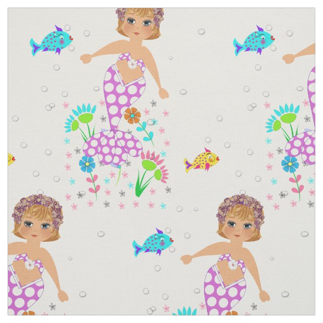 Mermaids And Fishes Under The Sea Cute Whimsy Fabric (Swatch)