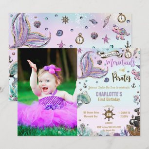 Mermaids and Pirates 1st Joint Birthday Photo Invitation