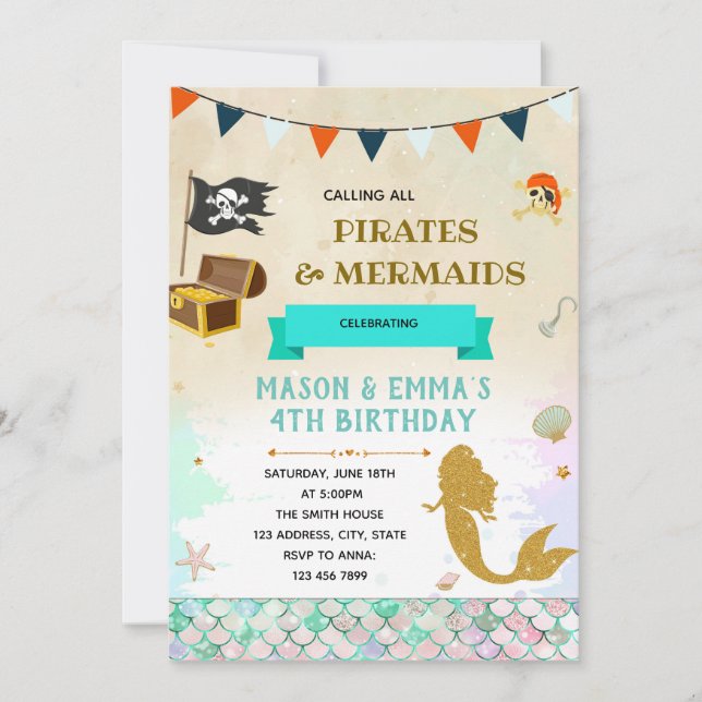 Mermaids and pirates joint birthday invitation (Front)