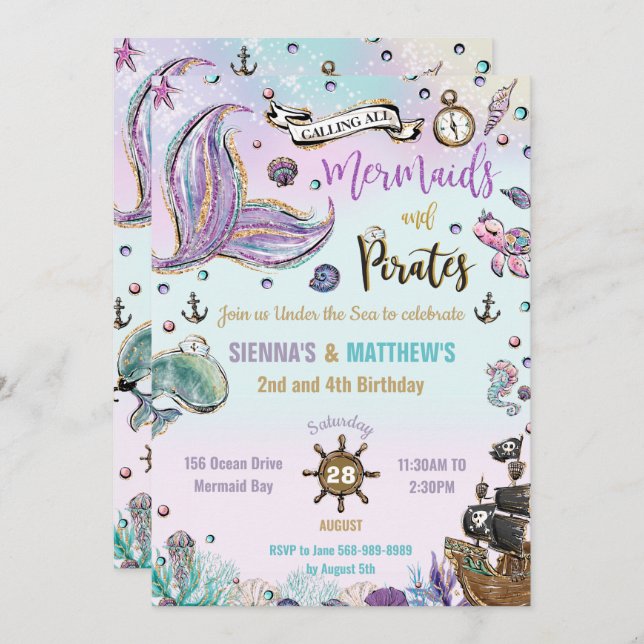 Mermaids and Pirates Joint Birthday Under the Sea Invitation (Front/Back)
