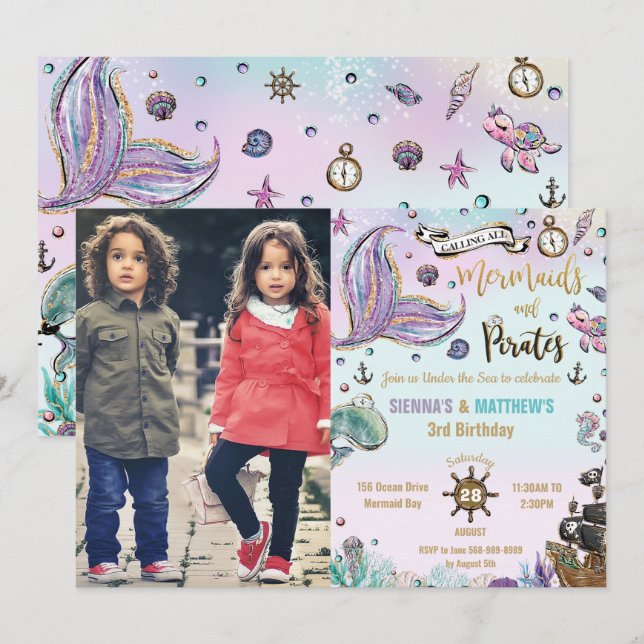 Mermaids and Pirates Twins Birthday Ocean Photo Invitation (Front/Back)