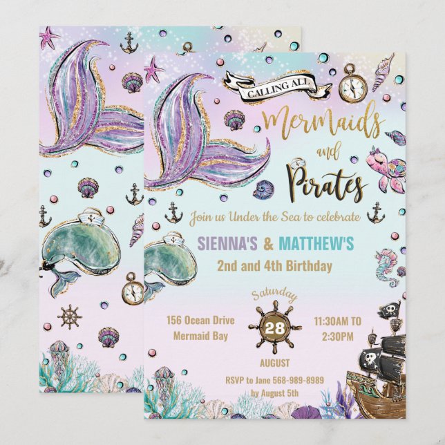 Mermaids and Pirates Twins Birthday Under the Sea Invitation (Front/Back)