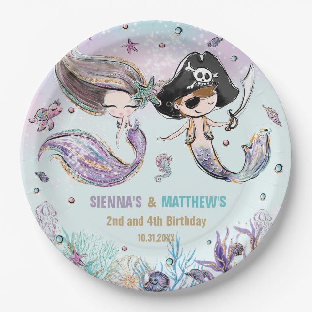 Mermaids and Pirates Under the Sea Joint Birthday Paper Plate (Front)