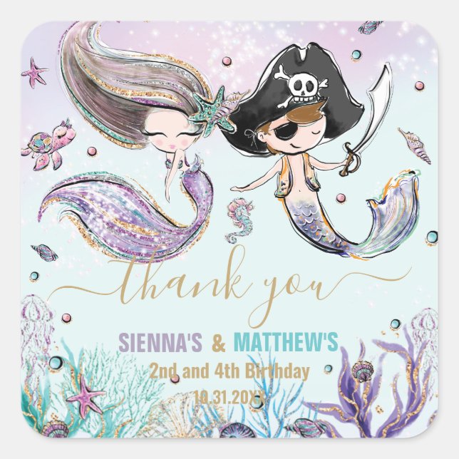 Mermaids and Pirates Under the Sea Joint Birthday Square Sticker (Front)