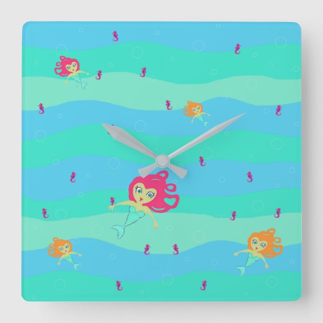 Mermaids and seahorses square clock (Front)