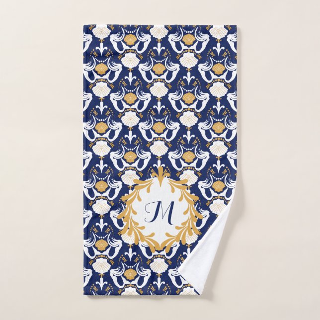 Mermaids and Seashells Damask Pattern Monogrammed Hand Towel (Hand Towel)