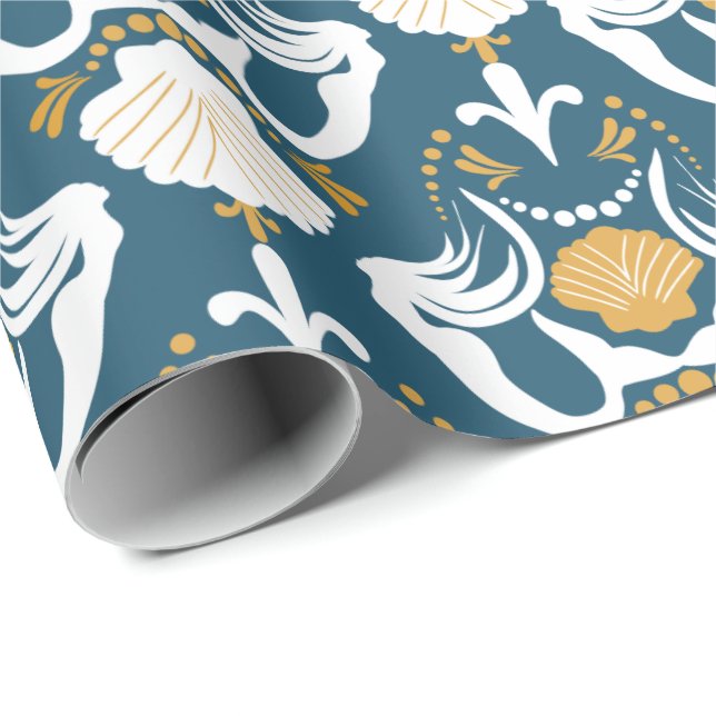 Mermaids and Seashells Damask Pattern Wrapping Paper (Roll Corner)