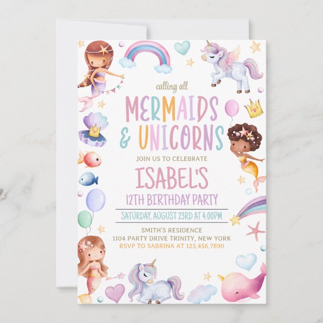 Mermaids and Unicorns Birthday Invitation (Front)