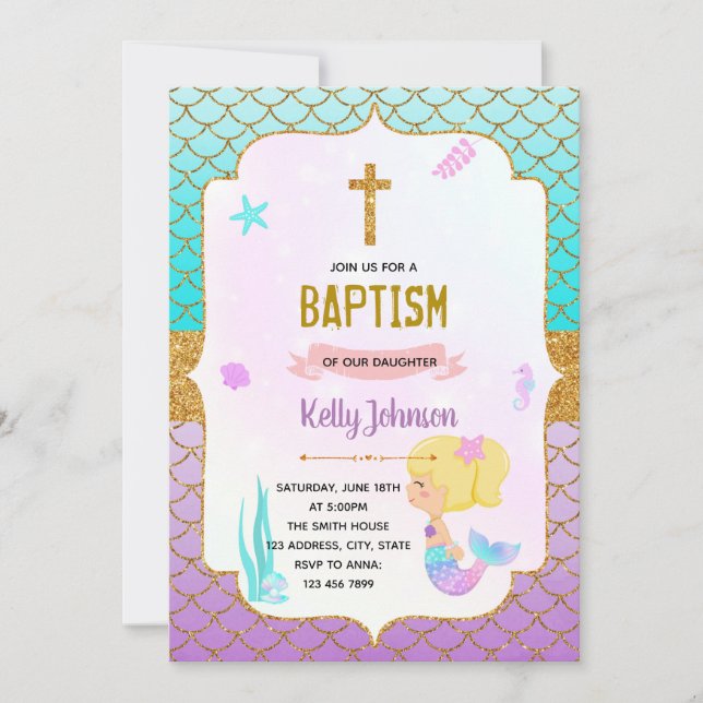 mermaids baptism theme invitation (Front)