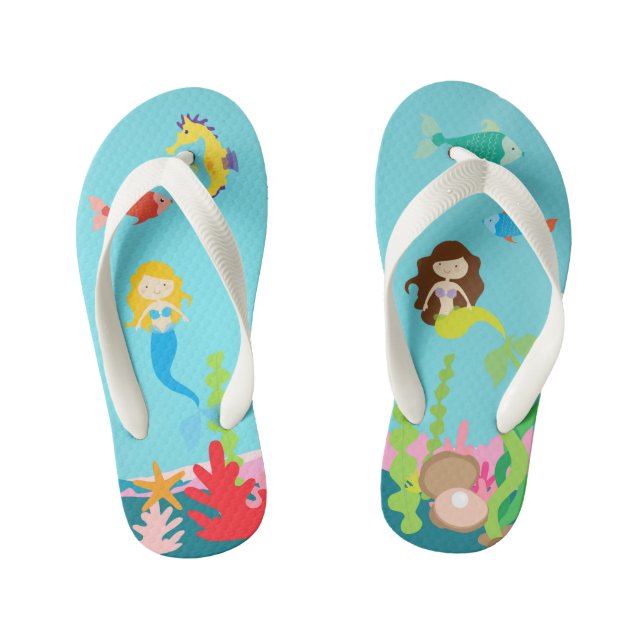 Mermaids Blonde & Brunette Undersea Life Kid's Flip Flops (Footbed)