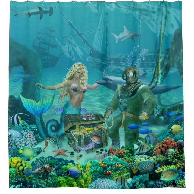 Mermaid's Coral Reef Treasure Shower Curtain (Front)