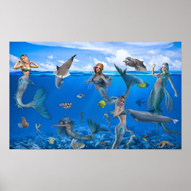 Mermaids & Dolphins Fantasy Art Poster (Front)