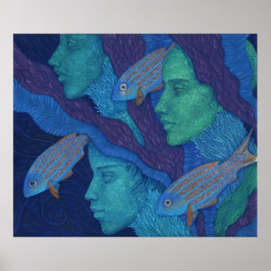 Mermaids & Fish, surreal fantasy art, underwater Poster