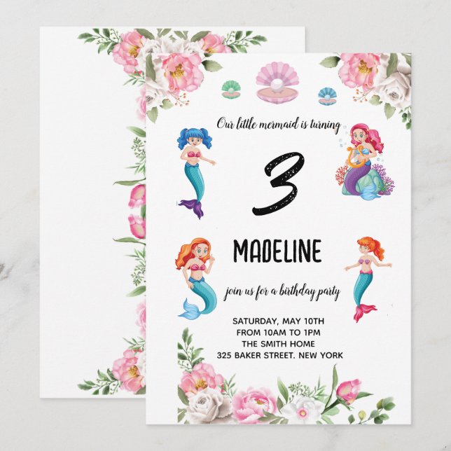 Mermaids for little girls birthday invitation (Front/Back)