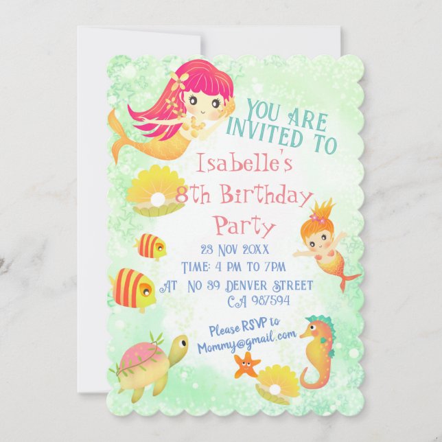 Mermaids Green Invitation Card (Front)