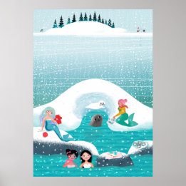 Mermaids having a picnic with a seal and baby poster