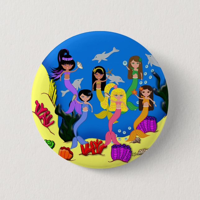 Mermaids in Ocean with Dolphins Button (Front)