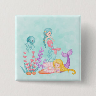 Mermaids & Jellyfish Under the Sea Watercolor 15 Cm Square Badge