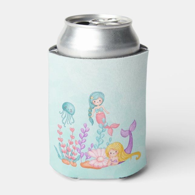 Mermaids & Jellyfish Under the Sea Watercolor Can Cooler (Can Front)