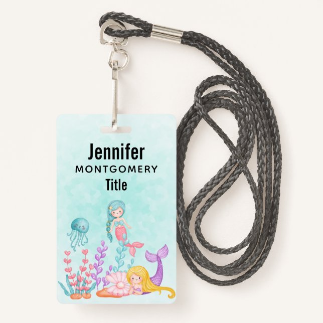 Mermaids & Jellyfish Under the Sea Watercolor ID Badge (Front with Lanyard)