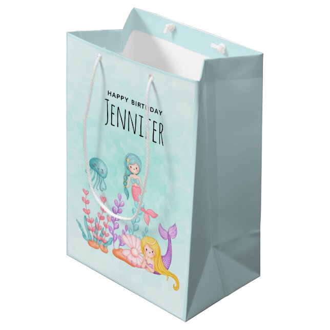 Mermaids & Jellyfish Under the Sea Watercolor Medium Gift Bag (Front Angled)