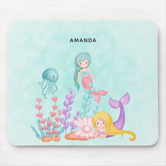 Mermaids & Jellyfish Under the Sea Watercolor Mouse Mat (Front)