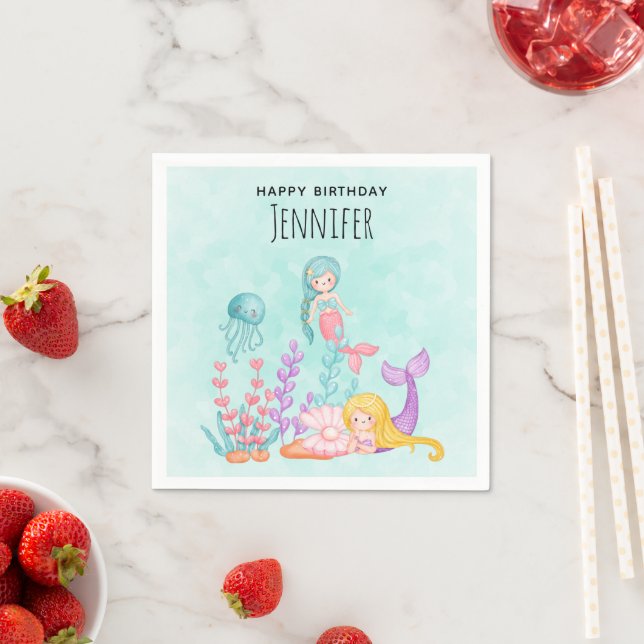 Mermaids & Jellyfish Under the Sea Watercolor Napkin (Insitu)