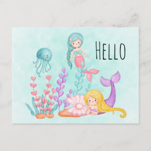 Mermaids & Jellyfish Under the Sea Watercolor Postcard