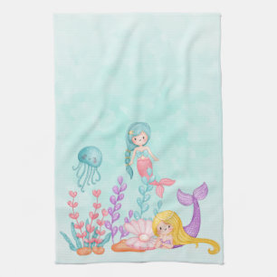 Mermaids & Jellyfish Under the Sea Watercolor Tea Towel