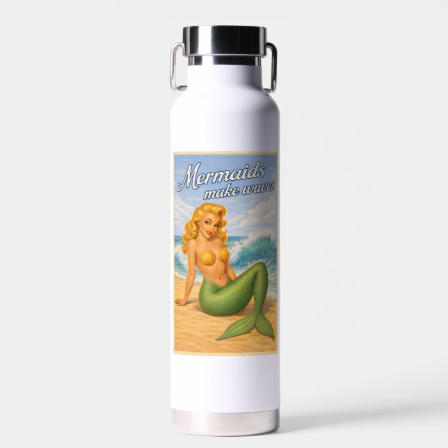 Mermaids Make Waves Retro Beach Pin-Up Mermaidcore Water Bottle (Front)