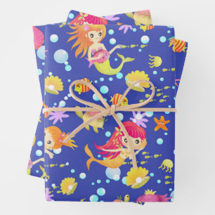 Mermaids Navy Blue Wrapping Paper Sheet