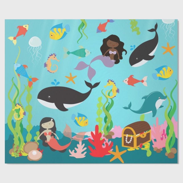 Mermaids of Colour & Sea Life (Med./Lg. Image) Wrapping Paper (Flat)