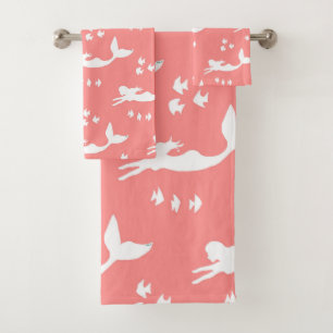 Mermaids Pattern Coral and White Towel Set