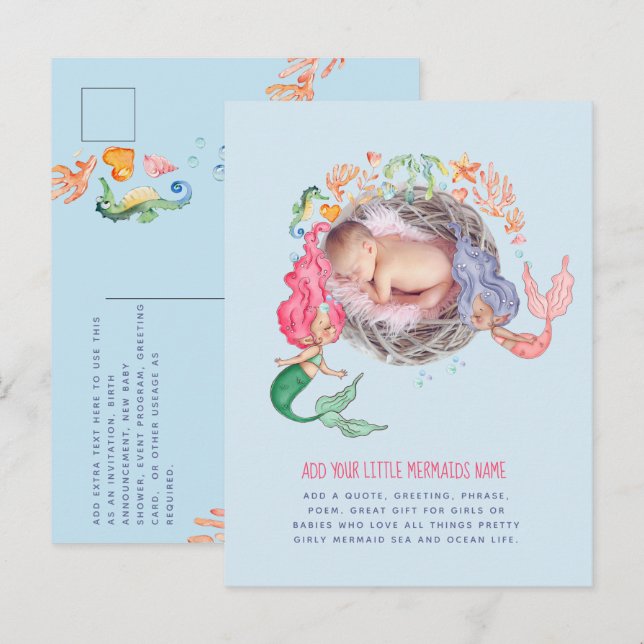 Mermaids Personalised PHOTO Invite Announcement    Postcard (Front/Back)