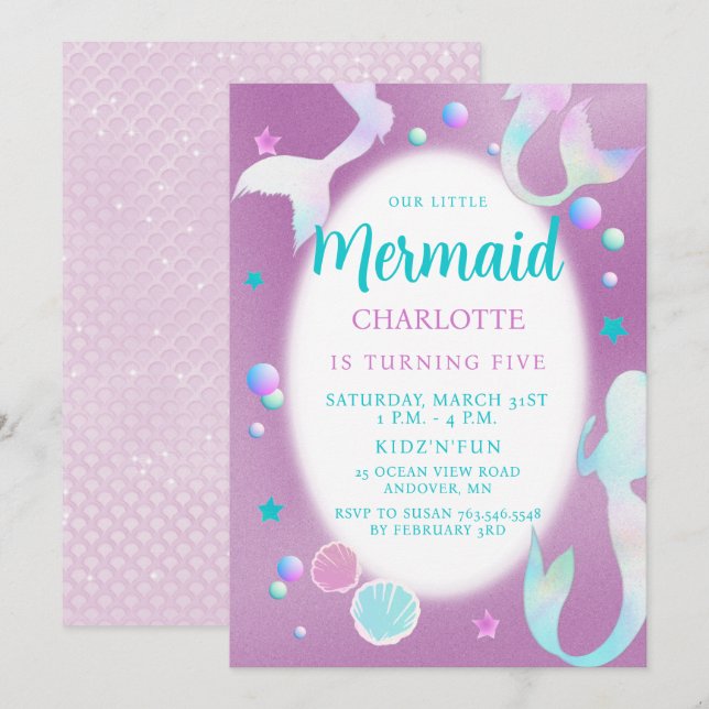 Mermaids Rainbow Iridescent Glitter Aqua Birthday Invitation (Front/Back)