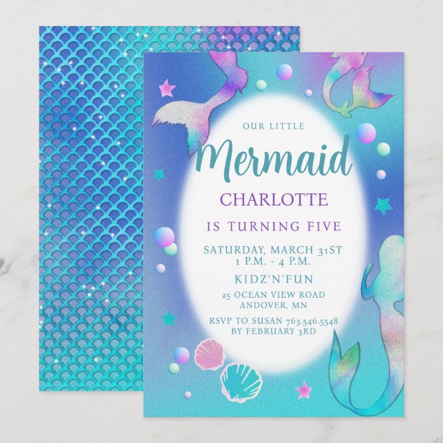Mermaids Rainbow Iridescent Glitter Pink Aqua Cute Invitation (Front/Back)