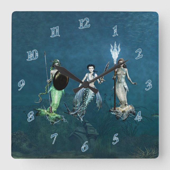Mermaids Ready For Battle Square Wall Clock (Front)