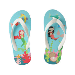 Mermaids Red & Black Haired Undersea Life Kid's Flip Flops