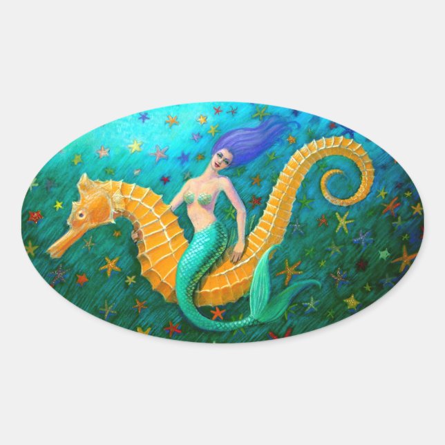 Mermaid's Ride- Seahorse Oval Sticker (Front)