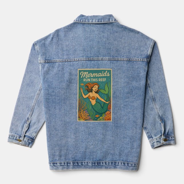 Mermaids Run This Reef Retro Coral Ocean Sea Life Denim Jacket (Back)