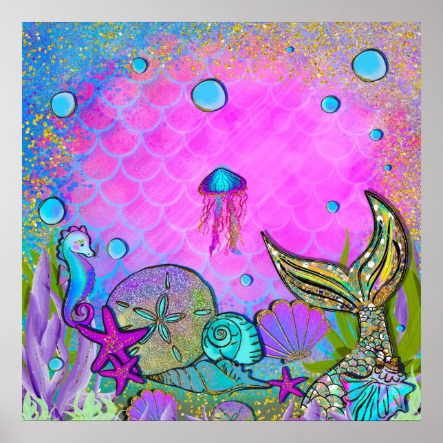 Mermaids & Sea Shells Pink Sparkly Birthday Party Poster (Front)