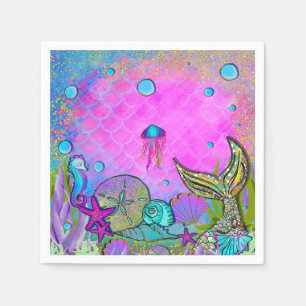 Mermaids & Sea Shells Pink Sparkly Party Napkin