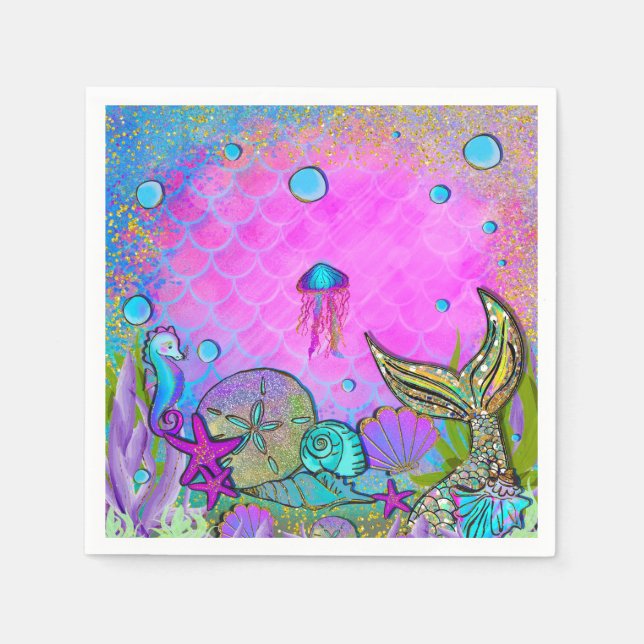 Mermaids & Sea Shells Pink Sparkly Party Napkin (Front)
