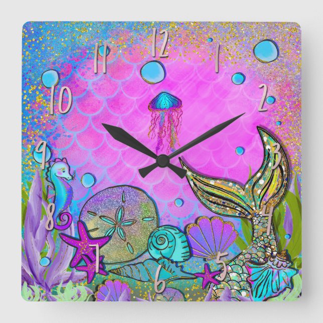 Mermaids & Sea Shells Pink Sparkly Sparkles Square Wall Clock (Front)