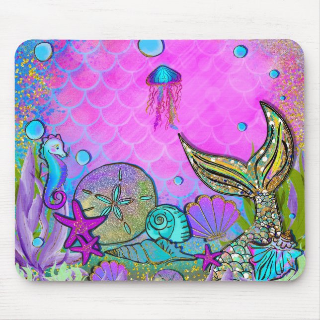 Mermaids & Sea Shells Under the Sea Pink Sparkle Mouse Mat (Front)