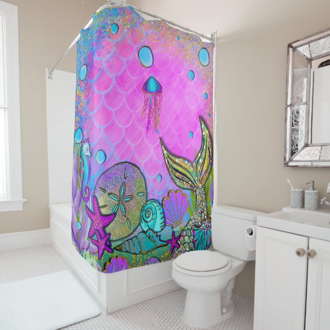 Mermaids & Sea Shells Under the Sea Sparkle Shower Curtain (In Situ)
